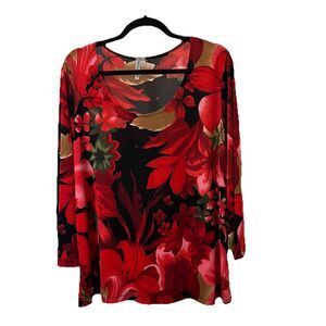 Susan Lawrence Red Tan Floral Stretchy Slinky Long Sleeve Top Womens Size 2X